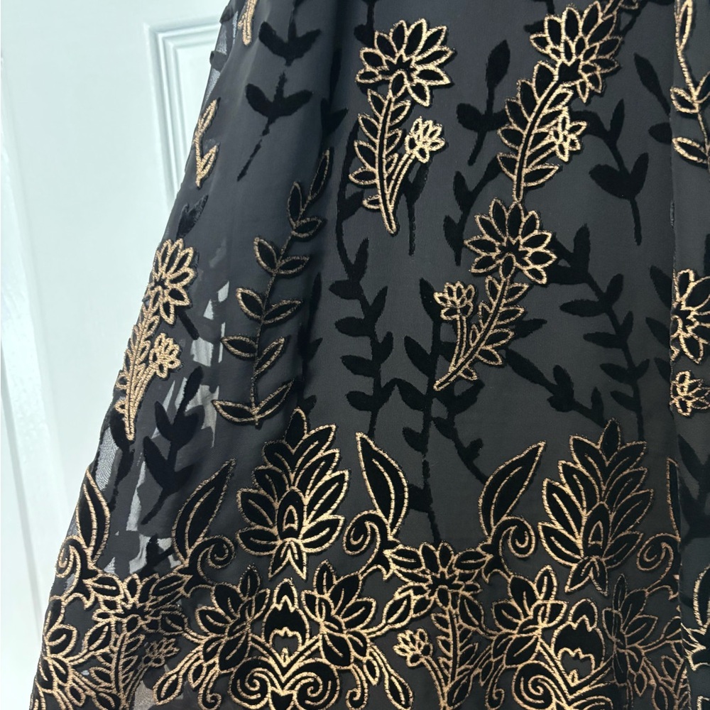 Lost and Wander Black and Gold Dress with velvet florals